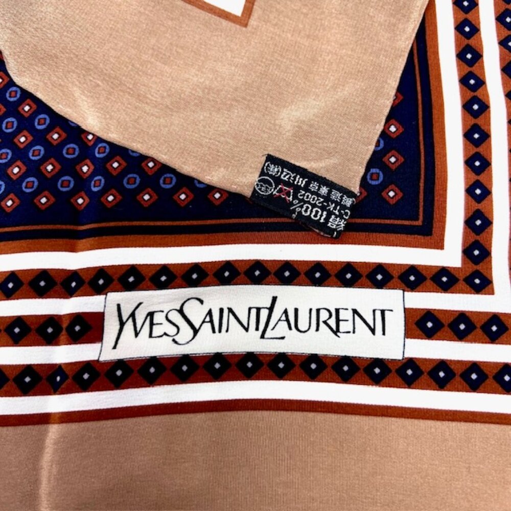 Beautiful Yves Saint Laurent  Silk Satin Scarf 31" Brown purple square Dots  (26 - Picture 10 of 12